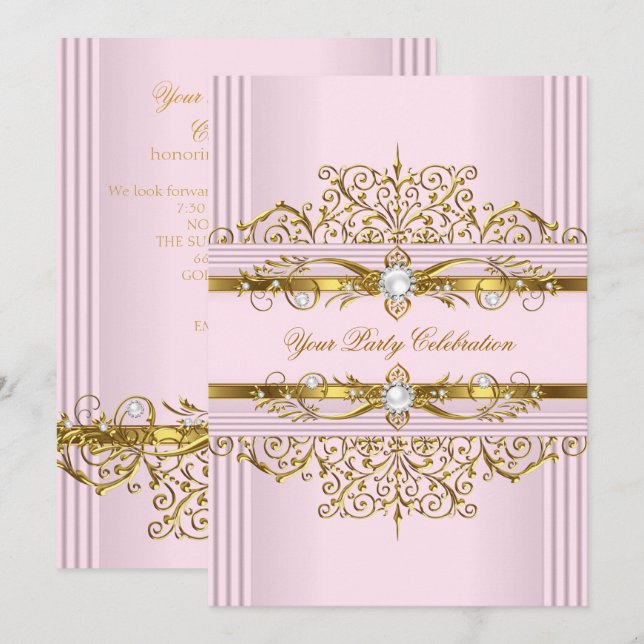 Invitation Perles roses or blanc Élégante fête d'anniversaire (Devant / Derrière)