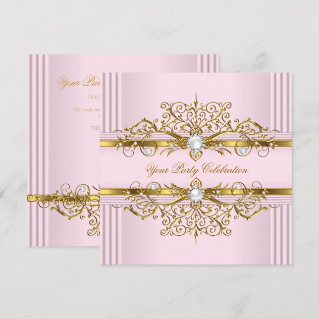 Invitation Perles roses or blanc Élégante fête d'anniversaire (Devant / Derrière)
