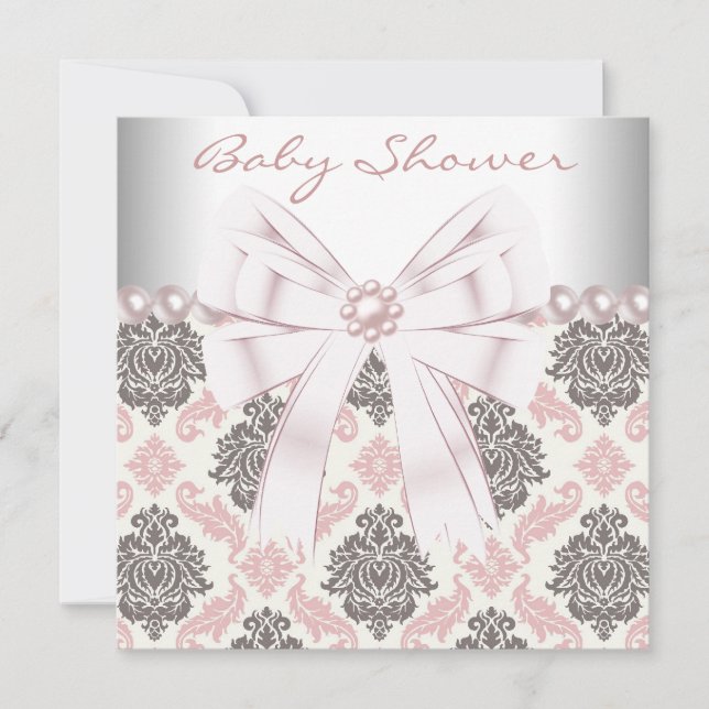 Invitation Perles roses Pink Brown Damask Baby Girl Douche (Devant)
