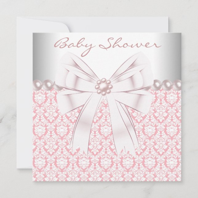 Invitation Perles roses Pink Damask Baby Girl Douche (Devant)