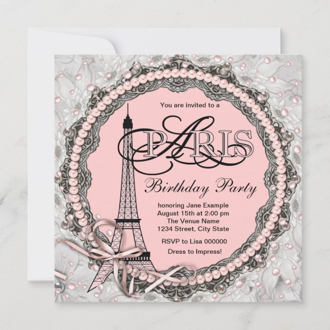 Invitation Perles roses Pink Paris Sweet 16 Anniversaire (Devant)