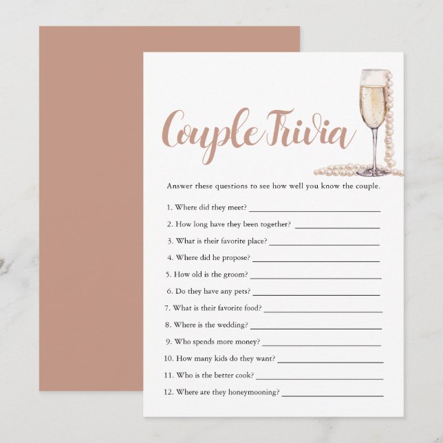 Invitation Perles Roses & Prosecco Jeu de Quiz Mariage Couple (Devant / Derrière)
