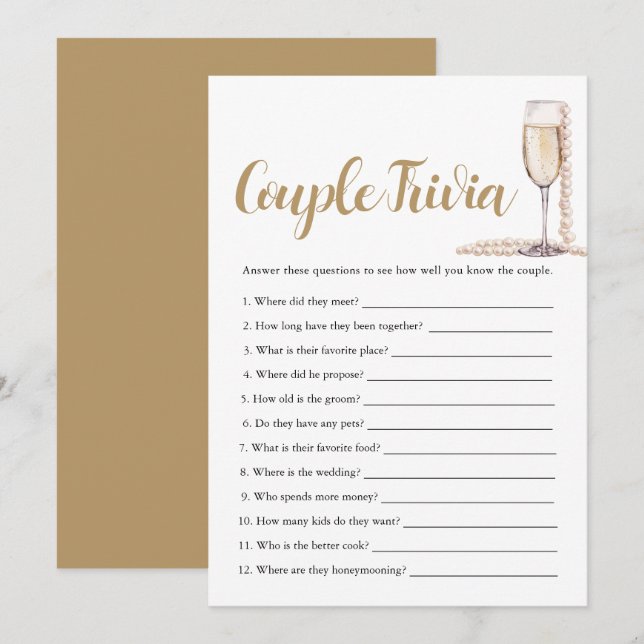 Invitation Perles Roses & Prosecco Jeu de Quiz Mariage Couple (Devant / Derrière)