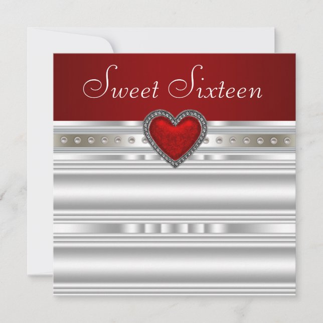 Invitation Perles Rouge Rubis Cœur Sweet Sixteen Anniversaire (Devant)