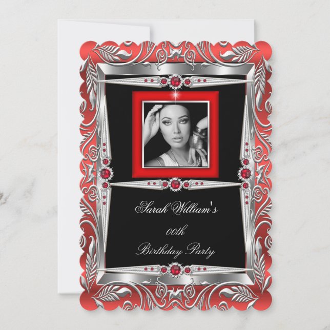 Invitation Perles Rouges Fête d'Anniversaire Noir Argent Phot (Devant)