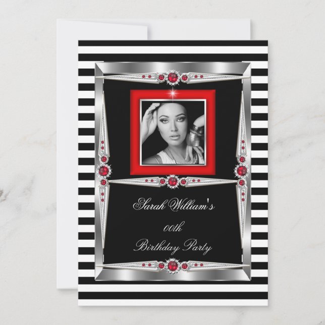 Invitation Perles Rouges Fête d'Anniversaire Rayure Noir Blan (Devant)