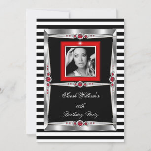 Invitation Perles Rouges Fête d'Anniversaire Rayure Noir Blan