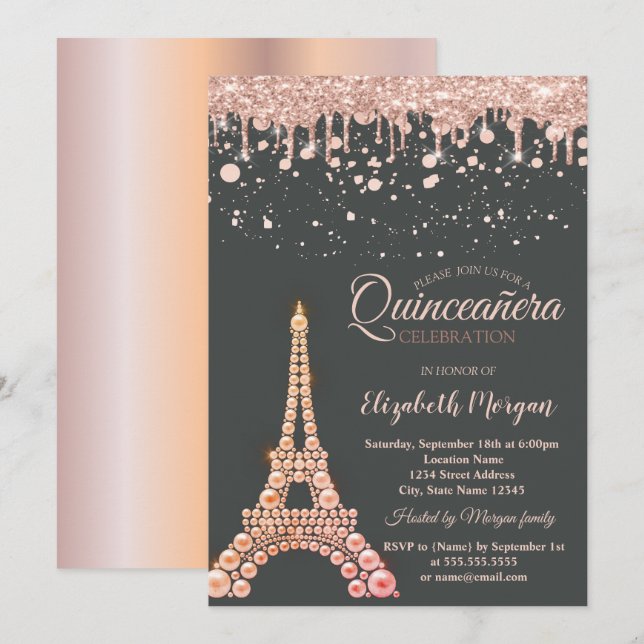 Invitation Perles Tour Eiffel, Gouttes Points Quinceañera (Devant / Derrière)