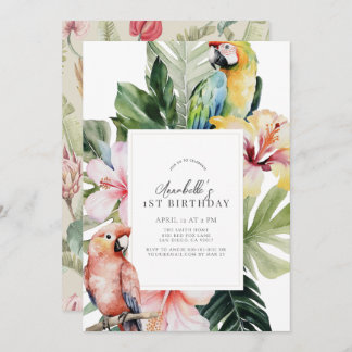 Invitation Perroquet botanique tropical floral, 1er anniversa
