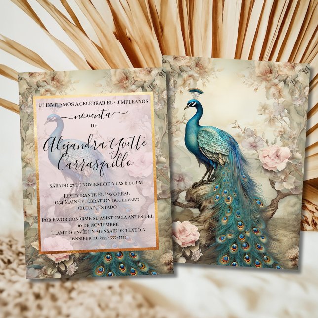 Invitation Perroquet élégant bleu et or espagnol 90e annivers (Créateur téléchargé)