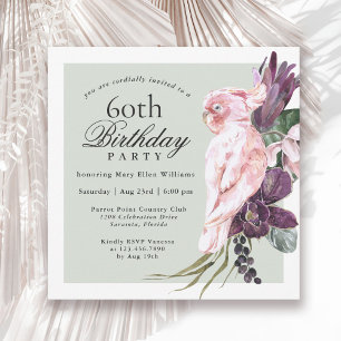 Invitation Perroquet rose tropical et floral Sage 60e anniver