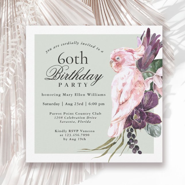 Invitation Perroquet rose tropical et floral Sage 60e anniver (Available in both printed and instant download digital formats.)