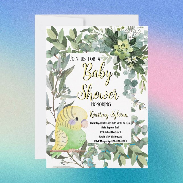 Invitation Perroquet Vert Jaune Aquarelle Baby Shower (Adorable parakeet bird baby shower invitation )