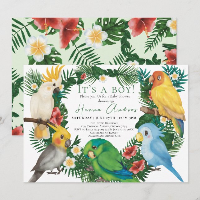 Invitation Perroquets tropicaux oiseaux exotiques Baby shower (Devant / Derrière)