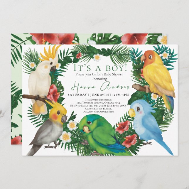 Invitation Perroquets tropicaux oiseaux exotiques Fête de nai (Devant / Derrière)