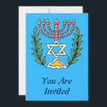 Invitation Persian Magen David Menorah<br><div class="desc">Cette image a été adaptée à partir d'un carrelage juif perse antique et présente une menorah avec un Magen David (Étoile de David) encadré de branches d'olivier. Les imperfections de l'image originale peinte à la main ont été conservées.</div>