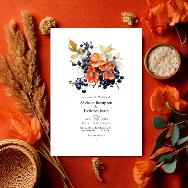 Invitation Persimmon et Mariage floral de la marine (Persimmon and Navy Floral Wedding Invitation)