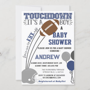 Invitation Persoanal Touchdown Baby shower de football bleu m
