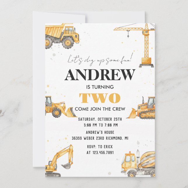 Invitation Personal A Modern Construction Boy Digger Birthday (Devant)