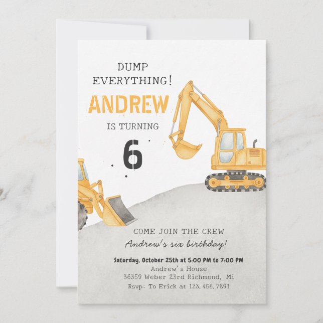 Invitation Personal A Modern Excavator Truck Birthday Party (Devant)