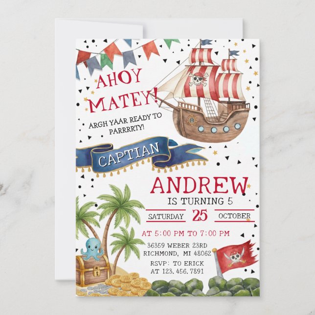Invitation Personal Ahoy Mateys Pirate Ship Birthday Party (Devant)