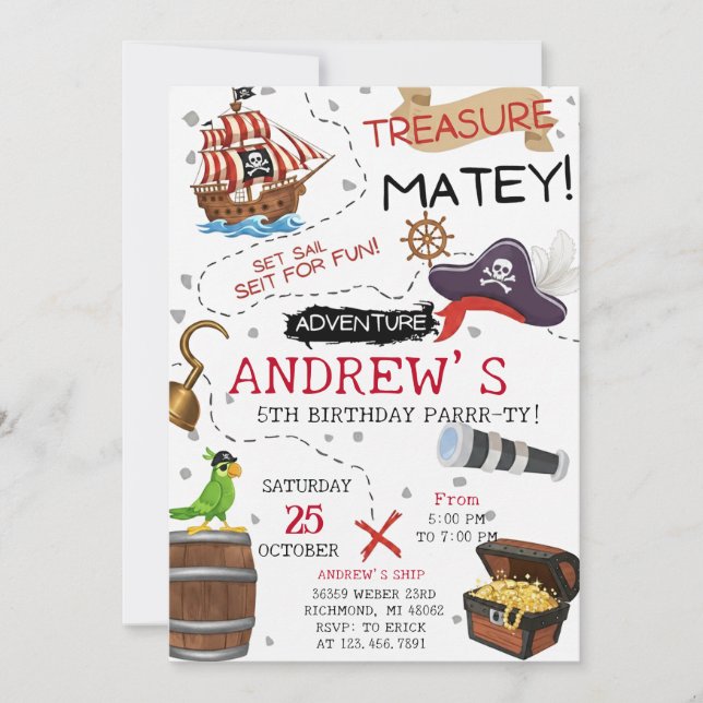 Invitation Personal Ahoy Mateys Pirate Ship Birthday Party (Devant)