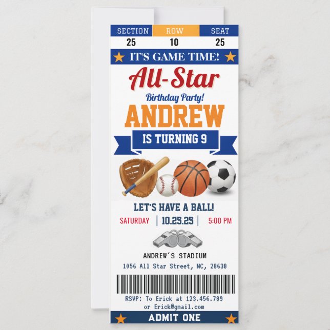 Invitation Personal All Star Sport Birthday Ticket for kid (Devant)