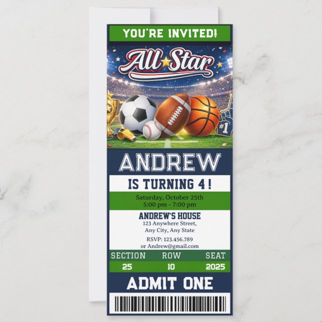 Invitation Personal All Star Sports Ticket Birthday (Devant)