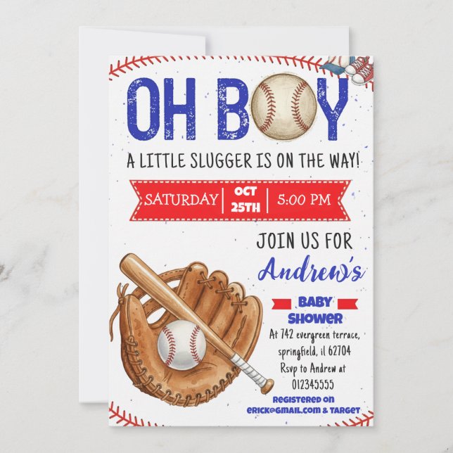 Invitation Personal Baseball Baby Shower Little Slugger (Devant)
