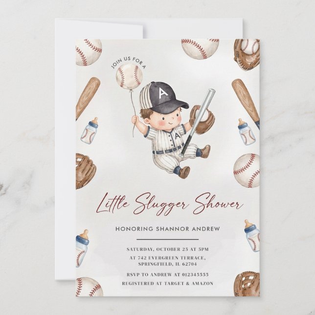Invitation Personal Baseball Rookie Baby Shower Cute Bear (Devant)