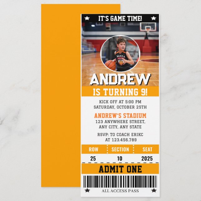 Invitation Personal Basketball Ticket with Photo (Devant / Derrière)
