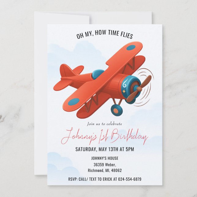 Invitation Personal Boy Avion 1er Anniversaire FÊTE (Devant)