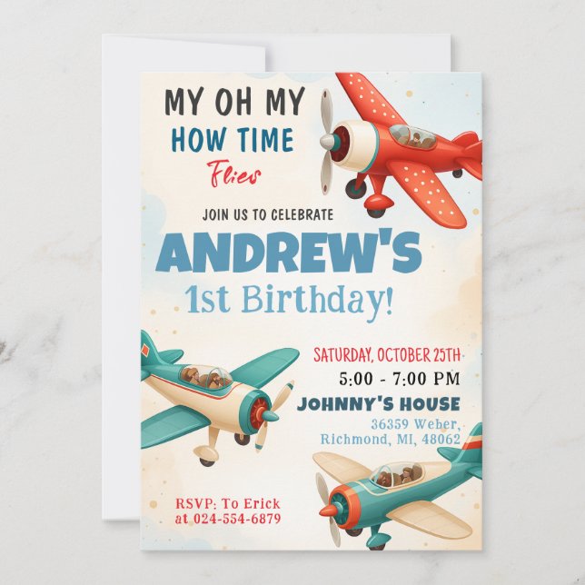 Invitation Personal Boy Time Vol 1er anniversaire fête (Devant)