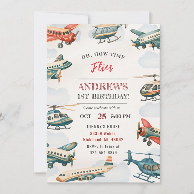 Invitation Personal Boy Time Vol 1er Anniversaire pour enfant (Devant)