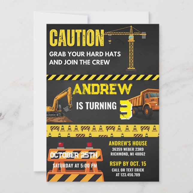 Invitation Personal Construction Yellow Building Birthday  (Devant)
