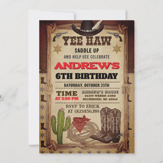 Invitation Personal Cowboy Hat and Lasso Wild West Birthday (Devant)