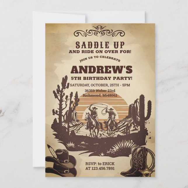 Invitation Personal Cowboy Western Birthday Party (Devant)