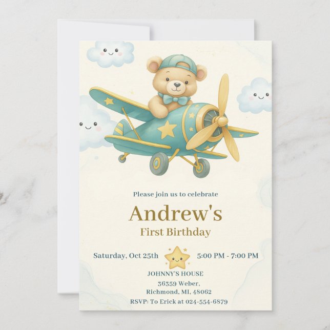Invitation Personal Cute Avion 1er anniversaire garçon fête (Devant)