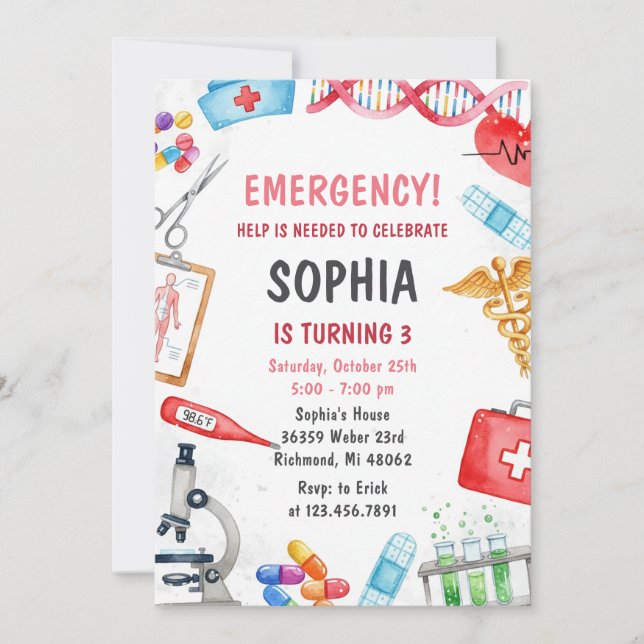 Invitation Personal Digital Pink Kids Medical Birthday Party (Devant)