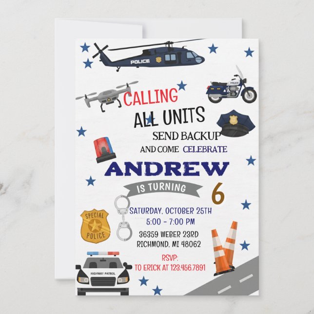 Invitation Personal Digital Police birthday for boy (Devant)