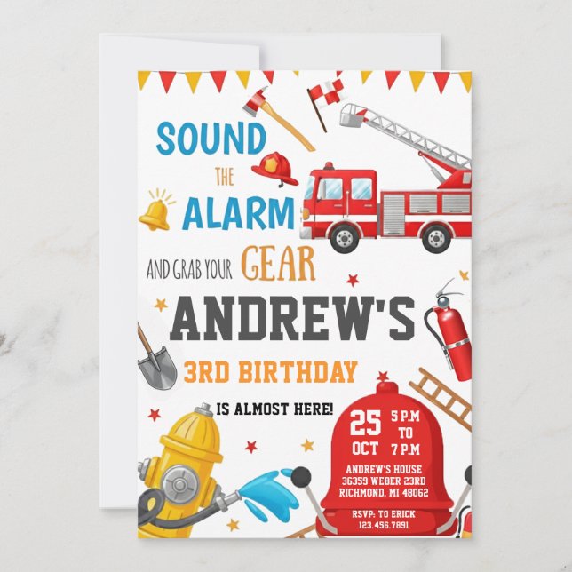 Invitation Personal FireFigher truck Birthday Custom image (Devant)