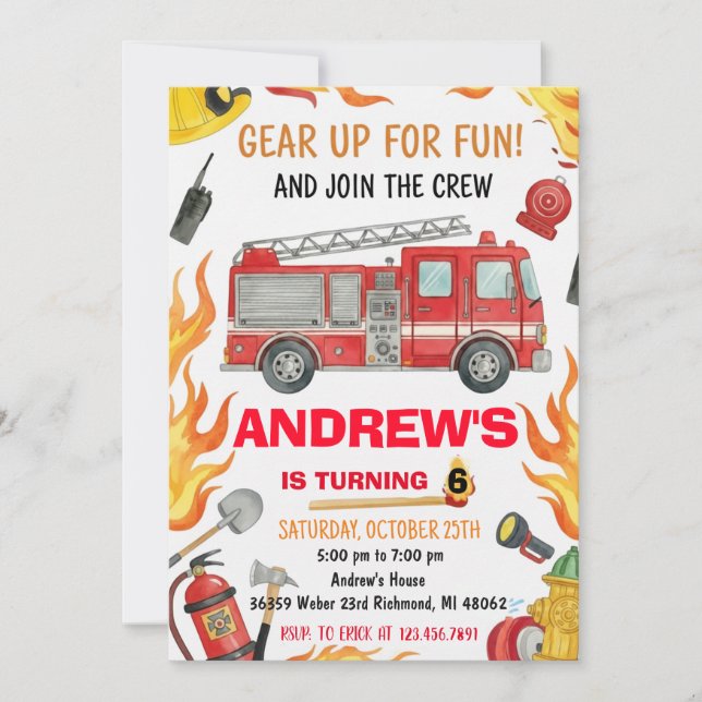 Invitation Personal Firetruck Birthday Party for Boys  (Devant)