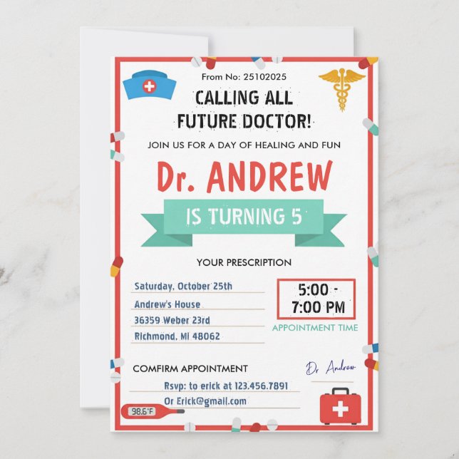 Invitation Personal Kids Doctor Pretend Birthday Party (Devant)