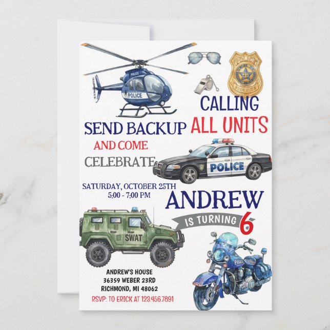 Invitation Personal Modern Police Policeman birthday for boy (Devant)