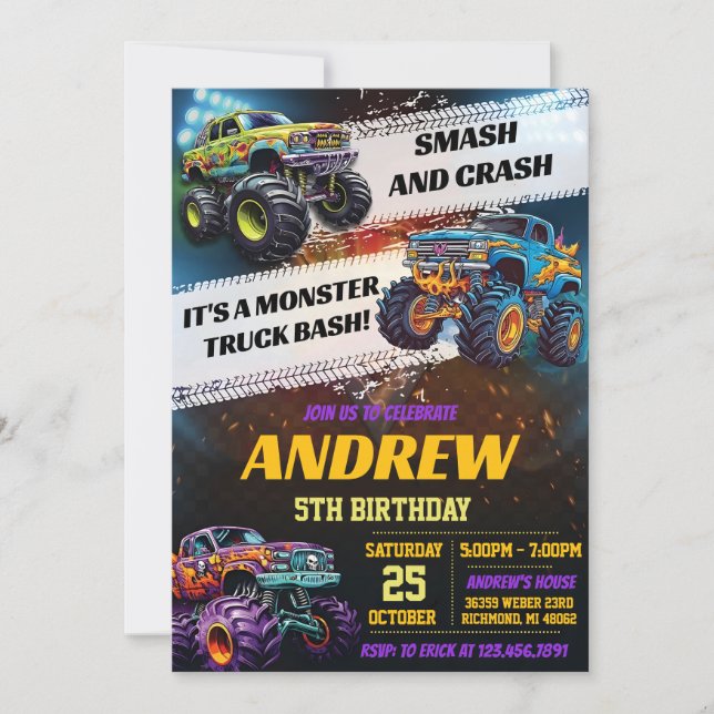 Invitation Personal Monster Truck Birthday party (Devant)