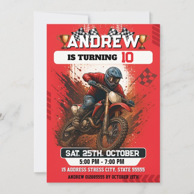 Invitation Personal Motocross Dirt Motorbike Anniversaire que (Devant)