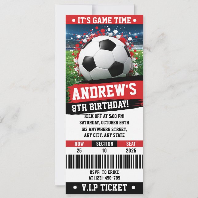Invitation Personal Red theme Soccer Ticket Birthday (Devant)