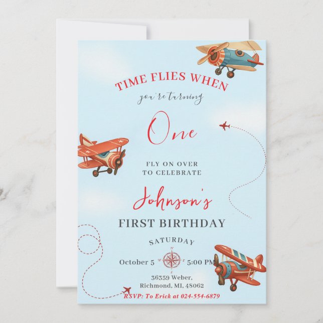 Invitation Personal Retro Avion première fête d'anniversaire (Devant)