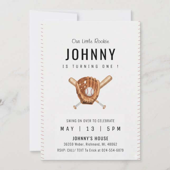 Invitation Personal Simple Baseball Birthday Party (Devant)