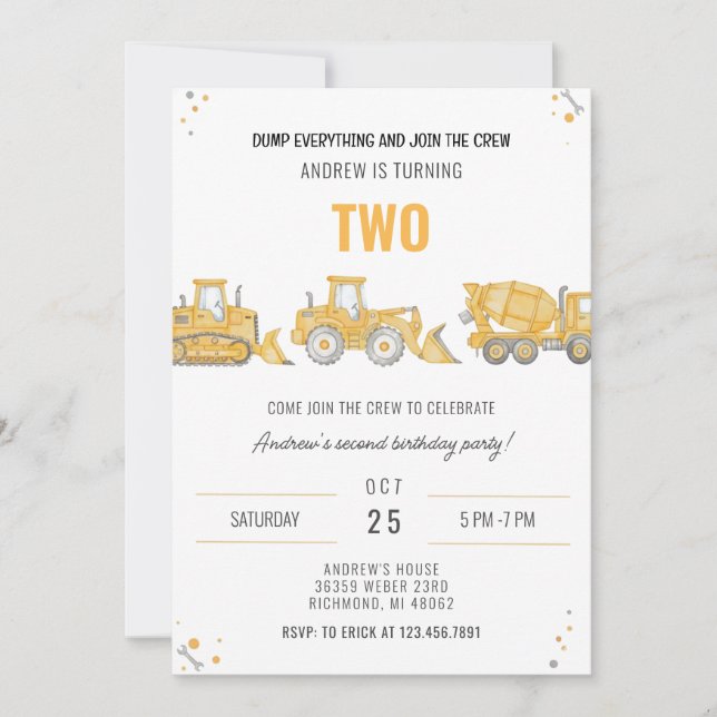 Invitation Personal Simple Construction Birthday Party Invita (Devant)